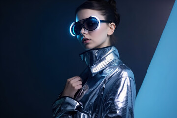 Wall Mural - Sexy young woman wearing futuristic glasses and clothes, fashion style, generative AI.