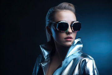 Wall Mural - Sexy young woman wearing futuristic glasses and clothes, fashion style, generative AI