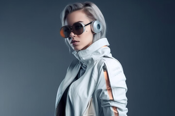 Wall Mural - Sexy young woman wearing futuristic glasses and clothes, fashion style, generative AI.