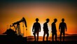 Silhouette of workers at an oil pump station in the sunset. Generative AI