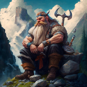 dwarf barbarian resting on a rock