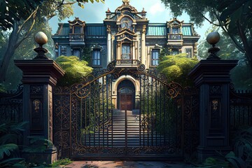 Canvas Print - a grand mansion with imposing iron gates, surrounded by lush greenery, created with generative ai