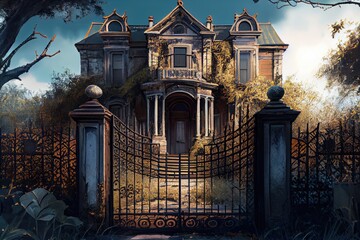 Poster - boarded-up mansion with rusty and broken gates, surrounded by overgrown garden, created with generative ai