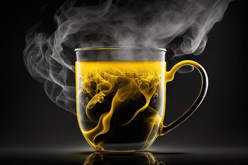 Poster - clear and yellow with black steam coming from a hot drink, created with generative ai