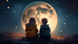small boy and girl sitting together in night, full moon background