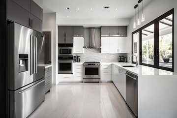 Sticker - modern kitchen with sleek minimalistic decor and sleek stainless steel appliances, created with generative ai