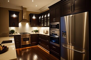 Sticker - classic kitchen, with contemporary appliances and sleek finishes, awakens at night with warm lighting, created with generative ai