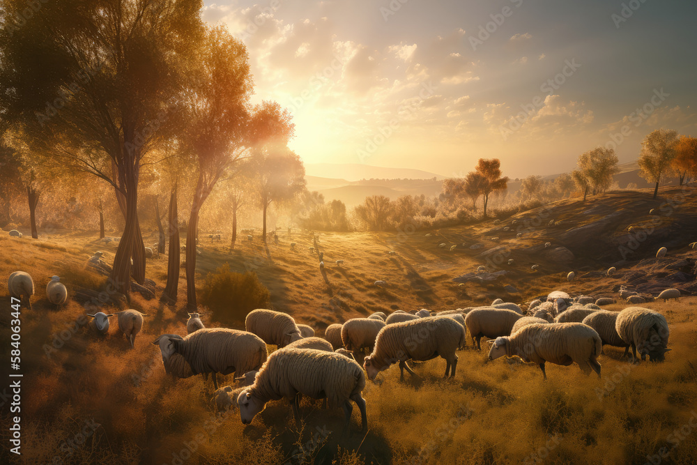 Flock of sheep on the hillside at sunset.