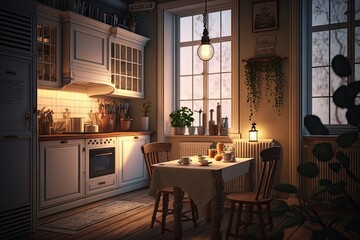 Sticker - warmly-lit kitchen with cozy atmosphere, perfect for a romantic evening for two, created with generative ai