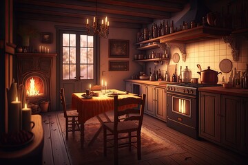 Sticker - warm and cozy kitchen, with soft lighting and a glass of wine nearby, waiting for the night's adventures to begin, created with generative ai