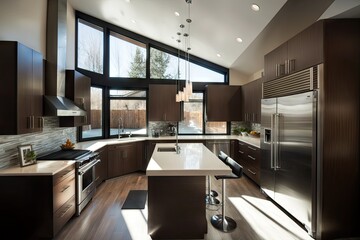 Poster - modern kitchen with sleek and modern design, featuring glass windows and stainless steel appliances, created with generative ai