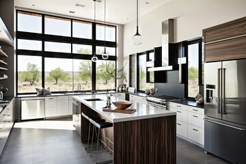 Poster - modern kitchen with sleek and modern design, featuring glass windows and stainless steel appliances, created with generative ai