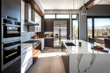 Poster - modern kitchen with sleek and modern design, featuring glass windows and stainless steel appliances, created with generative ai