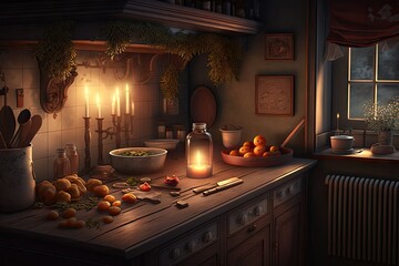 Sticker - warm and inviting kitchen, with cozy lighting and a candle on the countertop, at night, created with generative ai