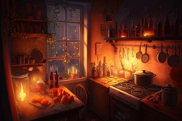 Sticker - relaxing atmosphere with candlelight, warm colors and pleasant music in kitchen at night, created with generative ai