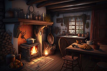 Wall Mural - kitchen, with cozy fireplace and crackling flames, providing warmth and comfort on chilly night, created with generative ai