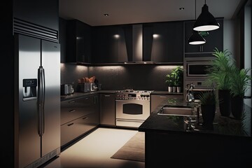 Sticker - a sleek and contemporary kitchen, with stainless-steel appliances and black granite countertops, at night, created with generative ai