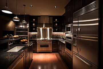 Poster - modern kitchen with sleek countertops and stainless steel appliances, dimly lit for a warm and cozy ambiance, created with generative ai