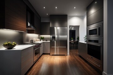 Sticker - minimalist kitchen with sleek fixtures and stainless steel appliances, surrounded by warm lighting, created with generative ai