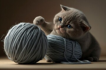 Canvas Print - kitten, wrapping thread around its paw to create unique ball, created with generative ai