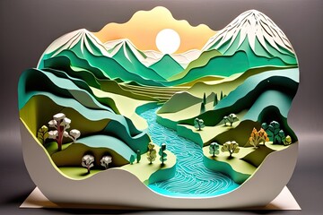 Wall Mural - 3d paper cut landscape scene with rolling hills and a river in the background, created with generative ai