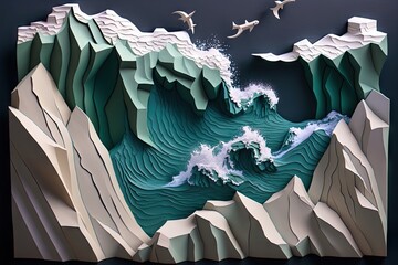 Canvas Print - paper cut of ocean waves crashing against jagged rocks, created with generative ai