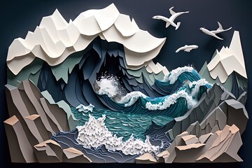 Canvas Print - paper cut of ocean waves crashing against jagged rocks, created with generative ai