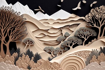 Wall Mural - a close-up of a paper cut landscape, showing intricate details and unique textures, created with generative ai