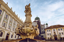 Detail View At Wittelsbacherbrunnen On Residence Square At The Historical Old Town Of Passau City, Bavaria