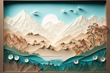Wall Mural - detailed 3d paper cut of serene landscape with mountains in the background, created with generative ai