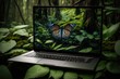 laptop, with butterfly resting on the keyboard and wallpaper of lush forest, created with generative ai