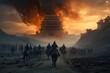 Genghis Khan and his Mongolian generals and warriors fighting under the city of Khorezm. Generative AI.