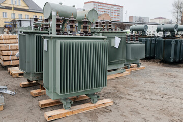 Electrical power transformer in high voltage substation. Mobile transformer