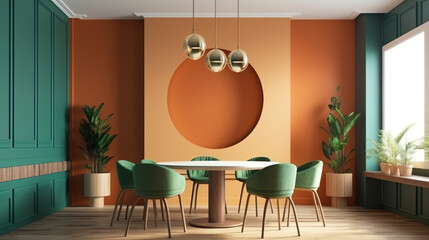 Interior design with wooden round table and chairs. Modern dining room with green and orange wall. Cafe, bar or restaurant interior design. Home interior. 3d rendering