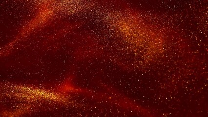 Wall Mural - Vortex of gold particles in red liquid. Abstract moving gold dust particles on red. Shiny floating gold particles in the background. Magical Gold Glitters in fluid.