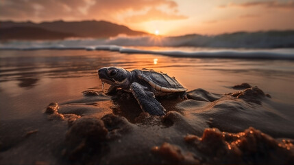 Wall Mural - baby turtle in a sunrise beach