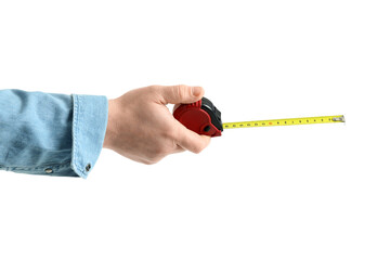 Worker with measure tape on white background