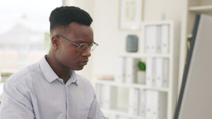 Fototapete - Computer, cyber security or serious black man programmer for thinking, hacker or UX web designer software. Face, developer or programming on tech for planning data analytics or app strategy at work
