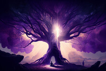 Fantasy Landscape With Purple Tree, Energy Meditation At Sunset, Generative AI