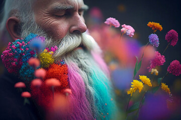 Wall Mural - portrait of an old man with flowers in his beard gray colored hair, smells flowers and loves nature, generative ai