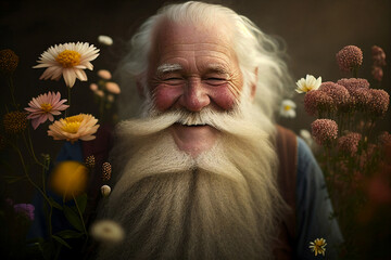 Wall Mural - portrait of an old smiling funny man with flowers and beard gray hair, smells flowers and loves nature, generative ai