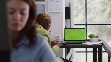 Sticker - Executive assistant analyzing green screen display on pc, using laptop with chroma key copyspace display. Office employee looking at isolated mockup screen in business coworking space.