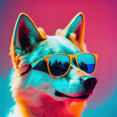 Wall Mural - Neon white party wolf in sunglasses. Pop art style portrait