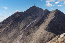 View of crazy steep road going up Frenchman Mountain near Las Vegas Nevada.