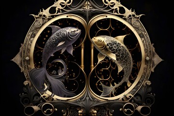 portrait of a pisces zodiac sign, gold and black, decorated with gothic lace and precious stones, a 