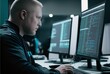 © Rodrigo - Fictional Hacker in Front of the Screen in a Room Full of Computers Generated by AI