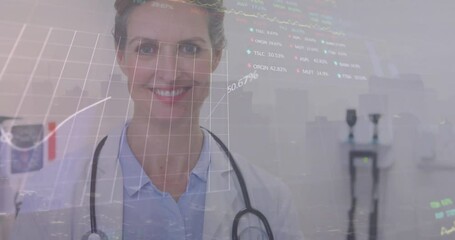 Sticker - Animation of data processing over caucasian female doctor