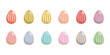 Jajka wielkanocne. Świąteczne kolorowe jajka w paski na białym tle. Malowane pisanki. Ilustracja wektorowa.