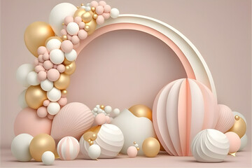 Balloon garland decoration elements. Frame arch for wedding, birthday, baby shower party celebration. Pastel pink, white and gold banner background with round empty space. 3d render illustration