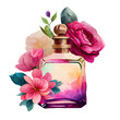 Watercolor perfume bottle with flowers, beautiful and 
 colorful perfume bottle, isolated on transparent background. Generative AI
